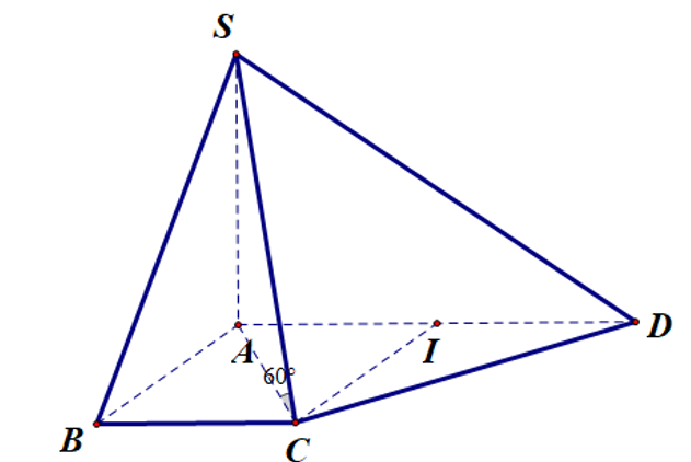 Cho khối hình chóp SABCD có đáy  ABCD là hình thang vuông tại A   và B biết AB= BC= a, AD= 2a,  SA vuông góc ( ABCD) và ( SCD)  hợp với đáy một góc 60.  (ảnh 1)
