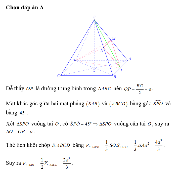 Cho hình chóp tứ giác đều S.ABCD có đáy là hình vuông tâm O, cạnh đáy bằng 2a (ảnh 1)