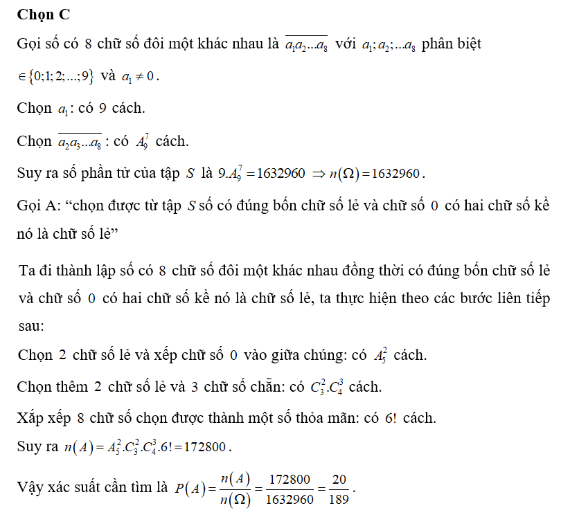 Gọi S là tập hợp các số tự nhiên có 8 chữ số đôi một khác nhau. Chọn ngẫu nhiên (ảnh 1)