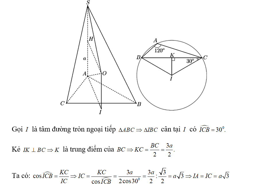 Cho hình chóp S.ABC có đáy là tam giác ABC có góc BAC= 120 độ, Bc=3a (ảnh 1)