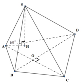 Cho hình chóp S.ABCD có cạnh bên SA tạo với đáy một góc 60 độ và SA = a căn bậc hai 3 (ảnh 1)