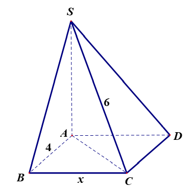 Cho hình chóp SABCD có đáyABCD là hình chữ nhật với AB=4  cạnh bên SA vuông góc với mặt phẳng đáy ( ABCD) và SC =6 Tính thể tích lớn nhất   (ảnh 1)