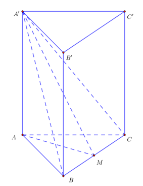 Cho hình lăng trụ tam giác đều ABCA'B'C' có góc giữa hai mặt phẳng (A'BC) và ( ABC) bằng  60 độ, cạnh AB=a. Tính thể tích V của khối lăng trụ  (ảnh 1)