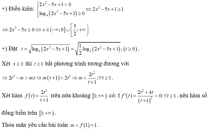 Tìm các giá trị của tham số m để bất phương trình log 2( 2x^2 -5x +1)-m lớn hơn m căn log 4 (2x^2 -5x + 1)  có nghiệm đúng với mọi  . (ảnh 1)