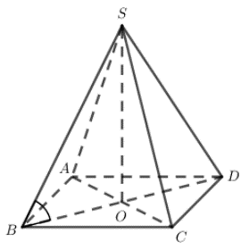 Cho hình chóp đều S.ABCD có cạnh đáy bằng 2a, góc giữa cạnh bên và mặt đáy bằng 60 độ (ảnh 1)