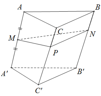 Cho hình lăng trụ ABCA'B'C' có thể tích bằng V  . Các điểm   M,N,P   lần lượt thuộc các cạnh AA', BB', CC'  sao cho (ảnh 1)