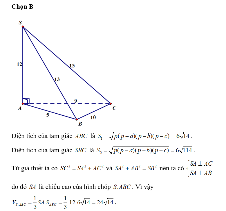 Cho hình chóp S.ABC có SA= 12 cm, AB= 5cm, AC= 9cm, SB= 13 cm (ảnh 1)