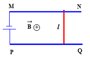 Thanh ℓ có chiều dài 10 cm nặng 40 g, điện trở 1,9 Ω, tựa trên hai thanh MN và PQ có điện trở không đáng kể. Suất điện động của nguồn 4 V, điện trở trong 0,1 Ω. Mạch điện đặt trong từ trường đều B = 0,1 T, vuông góc với mặt phẳng khung. Thanh ℓ chuyển động với gia tốc (ảnh 1)
