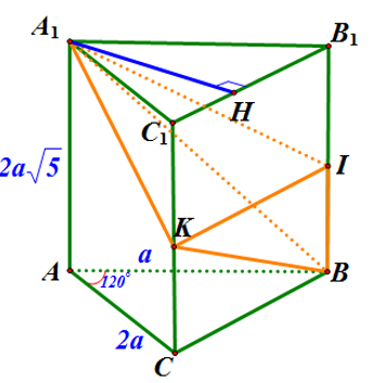 Cho hình lăng trụ đứng ABCÁB1C1  có AB=a, AC=2a, AA1= 2acăn 5  và góc BAC  bằng 120 độ Gọi K, I lần lượt là trung điểm các cạnh   (ảnh 1)