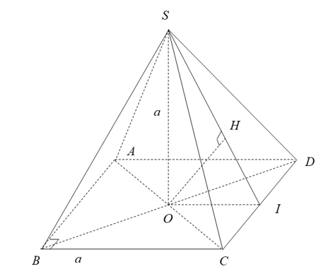 Cho hình chóp SABCD có đáy ABCD là hình vuông tâm O, cạnh a, SO vuông góc với mặt phẳng ( ABCD) và SO=a. Khoảng cách giữa SC  (ảnh 1)