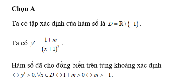 Tìm m để hàm số y= x-m/ x+1 đồng biến trên từng khoảng xác định của nó. (ảnh 1)