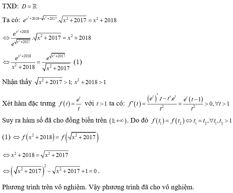 Tìm số nghiệm của phương trình e^x^2 +2018 - căn x^2 +2017 . căn x^2 +2017 = x^2 +2018 . (ảnh 1)