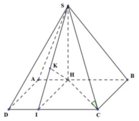 Cho hình chóp S.ABCD có đáy là hình vuông, hình chiếu của S lên (ABCD) là điểm H thuộc (ảnh 1)