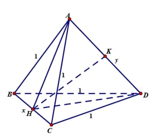 Cho tứ diện ABCD có AB=AC=BD=CD=1  Khi thể tích khối tứ diện ABCD lớn nhất thì khoảng cách giữa hai đường thẳng AD và BC bằng (ảnh 1)