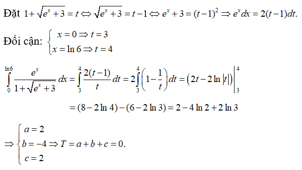 Biết tích phân từ 0 đến ln6 của e^x/ 1 + căn e^x + 3 dx = a + bln 2 + c ln3  với a,b,c  là các số nguyên dương. Tính T =  a+ b + c (ảnh 1)