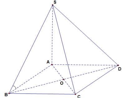 Cho hình chóp SABCD   có đáy là hình vuông cạnh a  , tâm O. Cạnh bên SA vuông góc với mặt phẳng đáy (ABCD) . Cạnh bên SB  tạo với (ảnh 1)