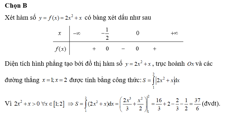 Tính diện tích của hình phẳng giới hạn bởi đồ thị hàm số y= 2x^2+ x, trục (ảnh 1)