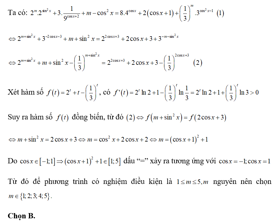 Cho phương trình:  2^m .2 ^sin 2x + 3. 1/ 9 ^cos x +2 + m - cos(1) (ảnh 2)
