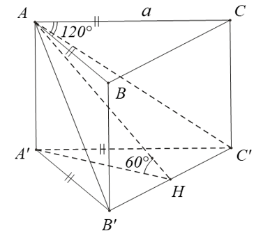 b)  Cho khối lăng trụ đứng ABCA'B'C' có đáy ABC là tam giác cân với AB= AC=a, góc BAC= 120 độ . Mặt phẳng ( AB'C')tạo với đáy một góc 60 độ.  (ảnh 1)