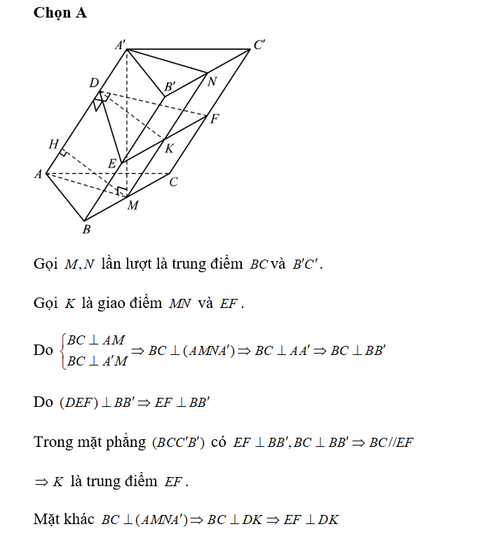 Cho hình lăng trụ ABC.A'B'C' có đáy là tam giác đều. Hình chiếu vuông góc của (ảnh 1)