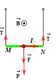 Một dây dẫn thẳng MN có chiều dài ℓ = 25 cm, khối lượng của một đơn vị chiều dài của dây là D = 0,04 kg/m. Dây được treo bằng hai dây nhẹ theo phương thẳng đứng và đặt trong từ trường đều có véctơ cảm ứng từ vuông góc với mặt phẳng chứa MN và dây treo với B = 0,04 T. Cho dòng điện I = 16 A có chiều từ M tới N chạy qua dây và g = 10 m/s2. Lực căng của mỗi dây là  (ảnh 2)