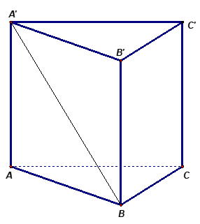 Cho khối lăng trụ đứng ABCA'B'C' có đáy là tam giác đều cạnh a, A'B tạo với mặt phẳng ( ABC) một góc bằng 60. Thể tích của khối lăng trụ ABCA'B'C' bằng (ảnh 1)