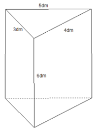 Một khối bê tông có dạng hình lăng trụ đứng với độ dài các cạnh đáy là 3dm, 4dm, 5dm, độ dài cạnh bên là 6dm. Thể tích của khối bê tông bằng (ảnh 1)