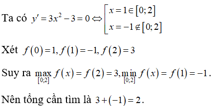Tổng giá trị lớn nhất và giá trị nhỏ nhất của hàm số y= x^3 -3x +1  trên [0;2]  là: (ảnh 1)