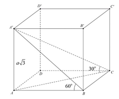 Tính theo a thể tích V của khối hộp chữ nhật  ABCDA'B'C'D' biết rằng mặt phẳng ( A'BC)   hợp với mặt đáy  ( ABCD) một góc 60 độ ,   (ảnh 1)