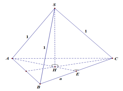 Cho hình chóp SABCD có đáy ABC là tam giác đều và có SA=SB=SC=1. Tính thể tích lớn nhất V max  của khối chóp đã cho. (ảnh 1)