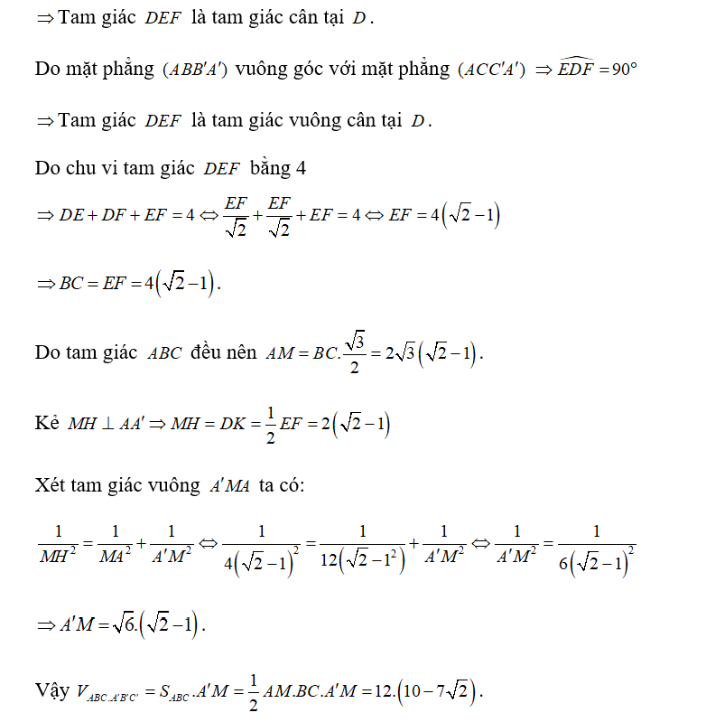 Cho hình lăng trụ ABC.A'B'C' có đáy là tam giác đều. Hình chiếu vuông góc của (ảnh 2)