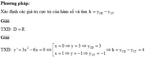 Tính hiệu số h giữa giá trị cực đại và giá trị cực tiểu của hàm số y = x^3 - 3x^2 + 3 A. h = 6 (ảnh 1)