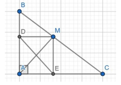 Cho tam giác ABC vuông tại A. Từ điểm M bất kì trên cạnh BC ( M không trùng với BC )  (ảnh 1)