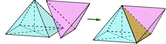Lắp ghép hai khối đa diện (H1) , (H2)  để tạo thành khối đa diện (H) , trong đó (H1)  là khối chóp tứ giác đều có tất cả các cạnh bằng a , (H2)  là khối tứ diện đều cạnh   sao cho một mặt của   trùng với một mặt của   như hình vẽ. Hỏi khối đa diện   có tất cả bao nhiêu mặt?   (ảnh 1)