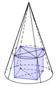 Cho mặt nón có chiều cao h = 6, bán kính đáy r = 3. Hình lập phương ABCD.A'B'C'D' đặt trong (ảnh 2)