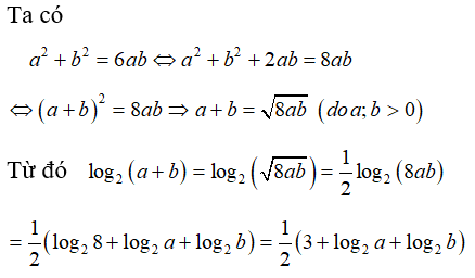 Với các số thực a,b lớn hơn 0 thỏa mãn a^2 +b^2 = 6ab , biểu thức  log 2 ( a+b) bằng:  (ảnh 1)