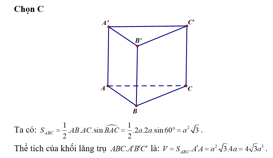 Cho lăng trụ đứng ABC.A'B'C' có đáy ABC là tam giác đều cạnh bằng 2a. (ảnh 1)