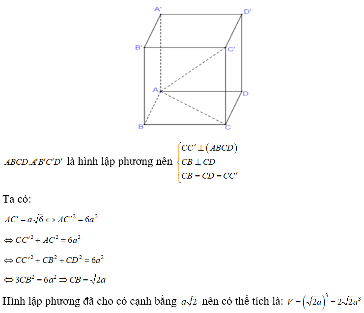 Tính thể tích của khối lập phương ABCD.A'B'C'D' , biết AC' = a căn 6 (ảnh 1)