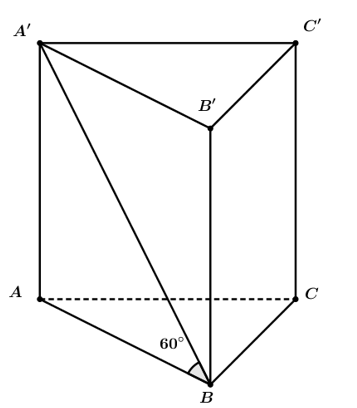 Cho lăng trụ tam giác đều ABCA'B'C' có AB=a  ;  A'B tạo với mặt đáy (ABC) một góc 60 độ  . Tính thể tích V khối lăng trụ đã cho. (ảnh 1)