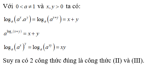 Cho 0 nhỏ hơn a khác 1  và x,y lớn hơn 0 , xét các công thức sau: 	(I).   	(II).   	(II).    Trong các công thức trên có bao nhiêu công thức đúng? (ảnh 1)
