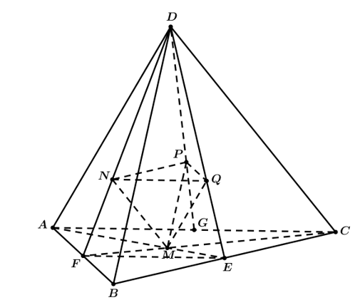 Cho khối tứ diện ABCD có thể tích 2019. Gọi M, N, P,Q lần lượt là trọng tâm của các tam giác  ABC,ABD,ACD,BCD .  (ảnh 1)