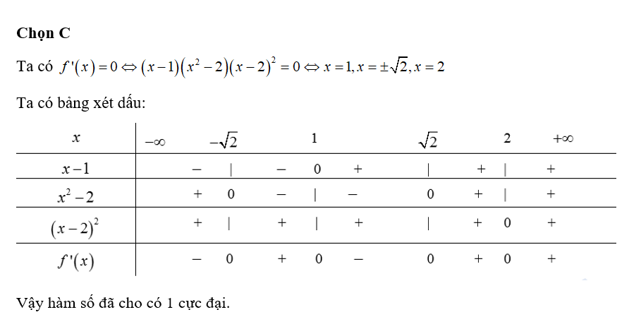 Cho hàm số y= f(x) có đạo hàm f(x)= ( x-1) ( x^2-2) ( x-2)^2, voi moi x thuoc R (ảnh 1)