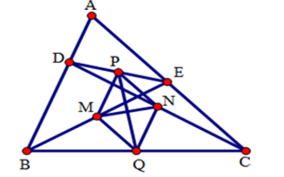Cho tam giác ABC . Trên các cạnh AB và AC lần lượt lấy hai điểm D và E sao cho BD = CE (ảnh 1)