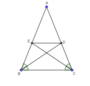 Cho tam giác ABC cân tại A . Tia giác góc B cắt cạnh AC tại D, tia phân giác góc C cắt cạnh AB tại E. (ảnh 1)