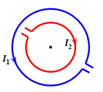 Hai dây dẫn uốn thành 2 vòng tròn, được ghép đồng tâm như hình vẽ. Vòng thứ nhất có bán kính R1 = 50 cm, mang dòng điện I1 = 10 A, vòng thứ 2 có bán kính R2 = 30 cm, mang dòng điện I2 = 6 A. Xác định cảm ứng từ tại tâm của 2 vòng dây. 	A. 4π.10-6 T.	B. 8π.10-6 T. 	C. 0	D. 8.10-6 T.  (ảnh 1)