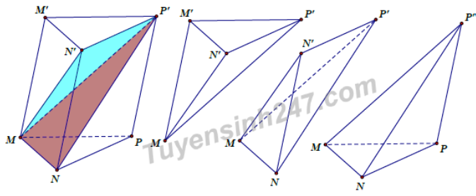 Cắt khối lăng trụ MNP.M’N’P’ bởi các mặt phẳng (MN'P) và(MNP') ta được những khối đa diện (ảnh 1)