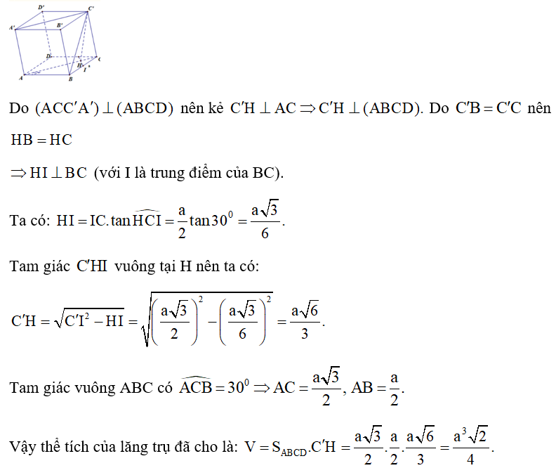 Cho khối lăng trụ ABCD.A'B'C'D'  có đáy ABCD là hình bình hành có góc BAC bằng  góc ACB bằng 90 độ  tam giác (ảnh 1)