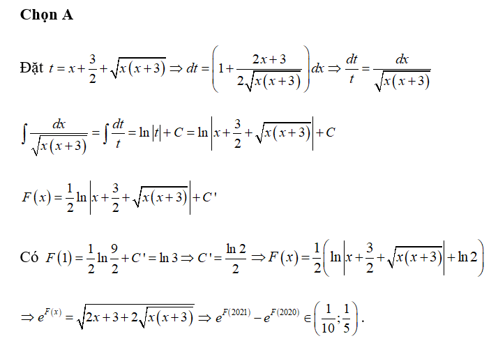 Cho F(x) là nguyên hàm của hàm số F(x)= 1/ 2 căn bậc hai x ( x+ 3) trên (0 ; dương vô cùng) (ảnh 1)