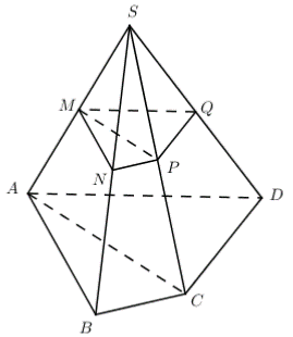 Cho hình chóp S.ABCD, M là trung điểm của SA. Gọi (alpha) là mặt phẳng qua M và song song (ảnh 1)