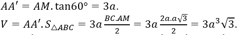 Cho hình lăng trụ tam giác đều ABC.A'B'C' có góc giữa hai mặt phẳng (A'BC) và (ABC) bằng 60°,  cạnh AB=2a. Thể tích V của khối lăng trụ ABC.A'B'C' bằng  (ảnh 4)